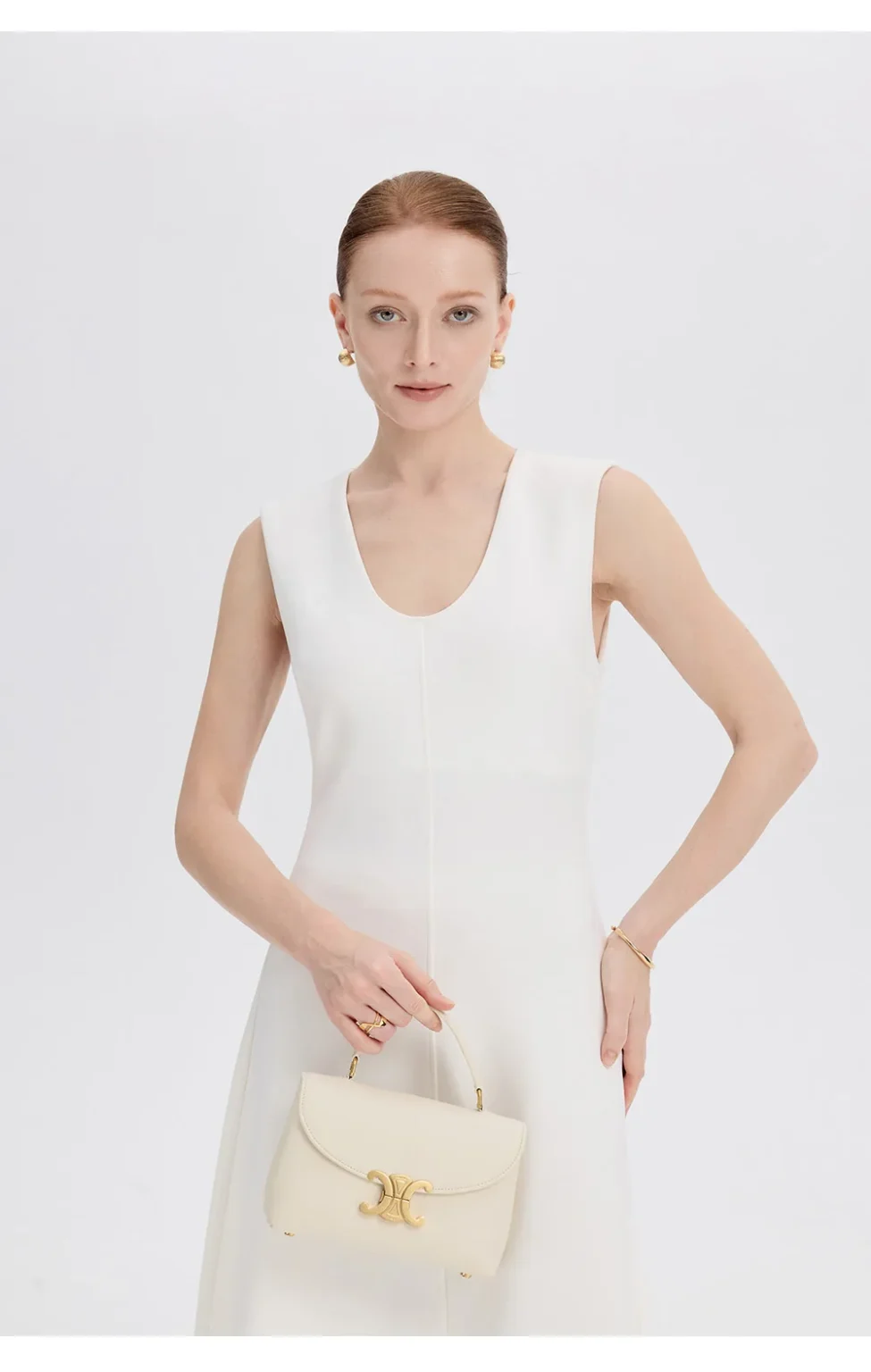 ousph white midi dress standing front