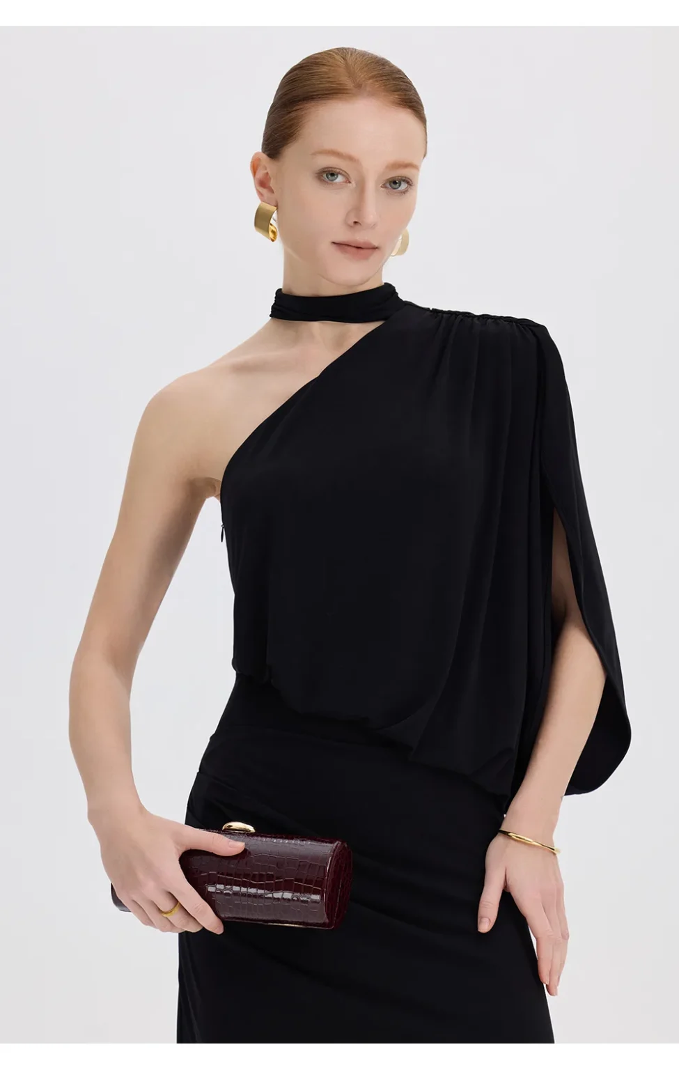 ousph black one shoulder maxi dress front detail