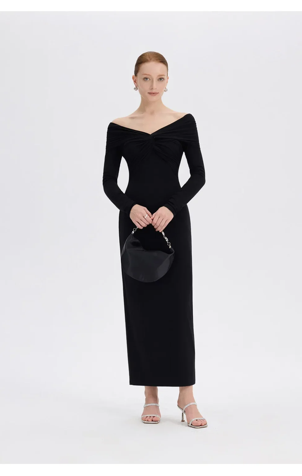 ousph black off shoulder maxi dress standing side front