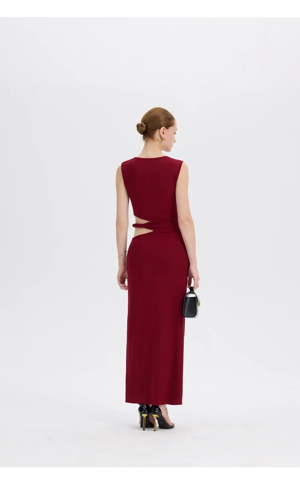 ousph burgundy cutout maxi dress walking view