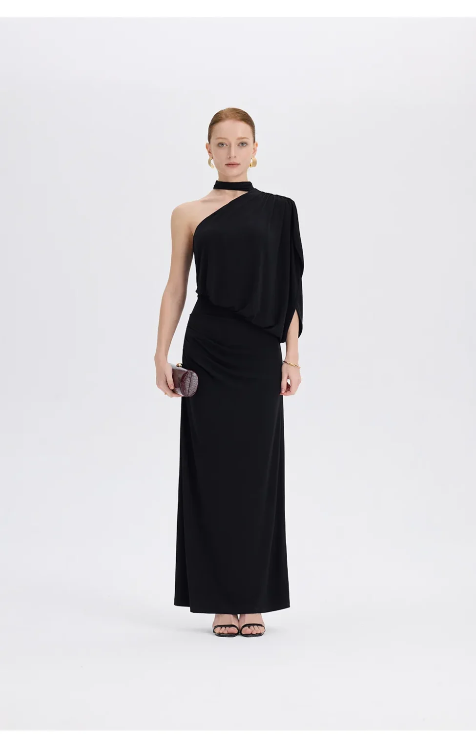 ousph black one shoulder maxi dress full front