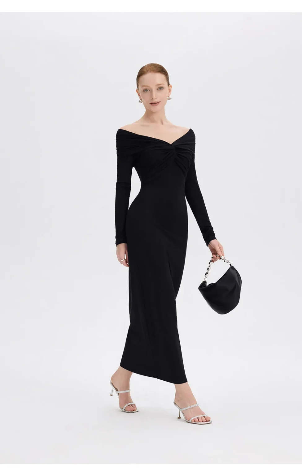 ousph black off shoulder maxi dress walking view