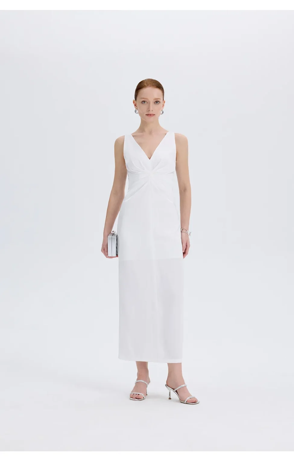 ousph white v-neck maxi dress standing front