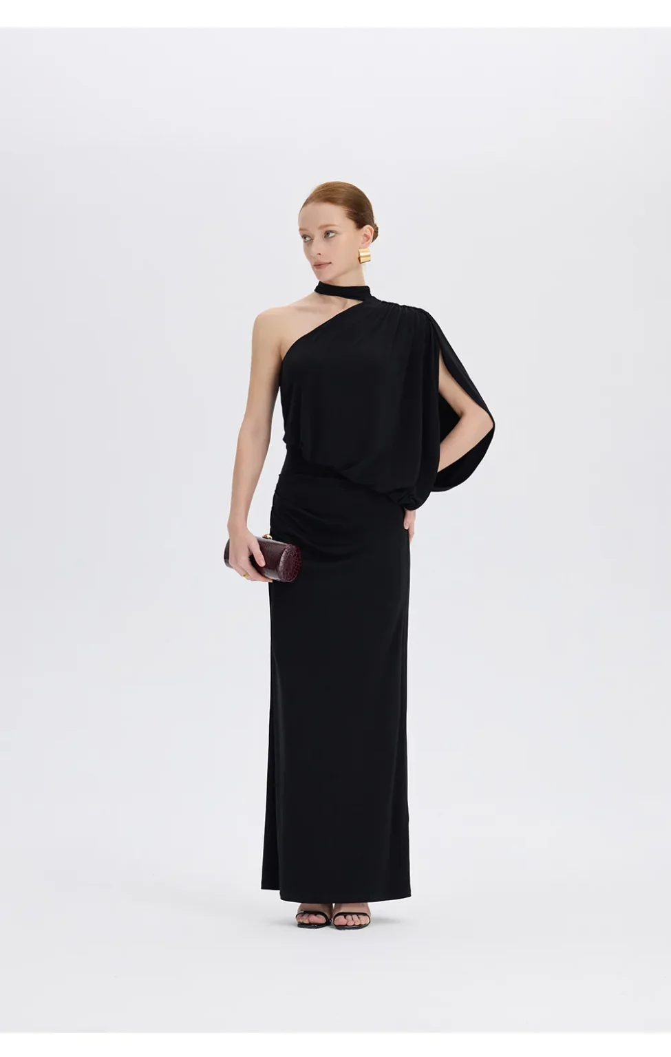 ousph black one shoulder maxi dress standing side front