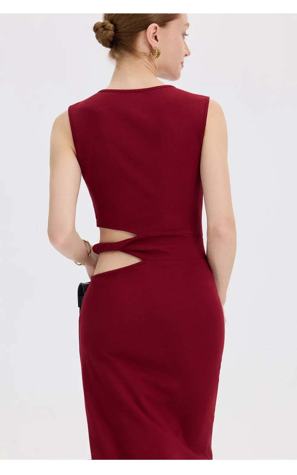 ousph burgundy cutout maxi dress walking side view
