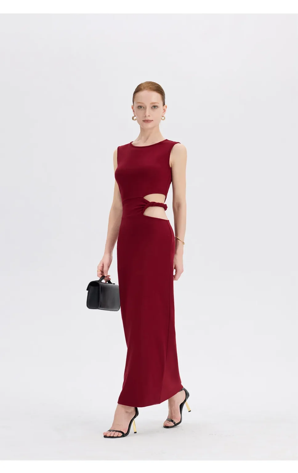 ousph black & burgundy cutout maxi dress brand detail