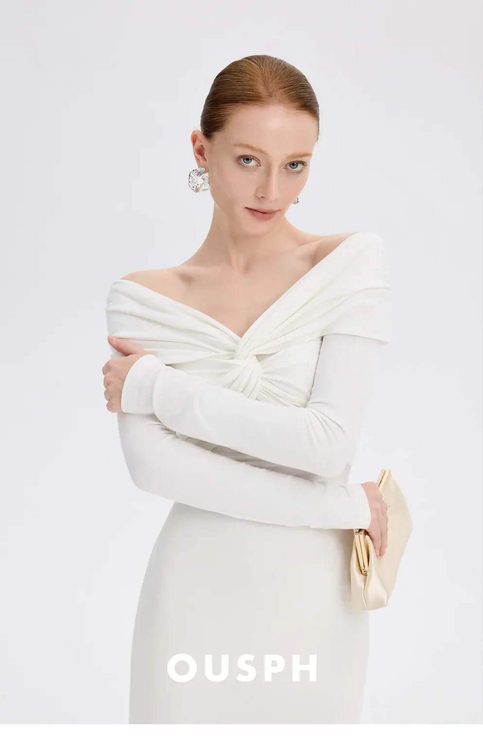 ousph white off shoulder maxi dress brand detail