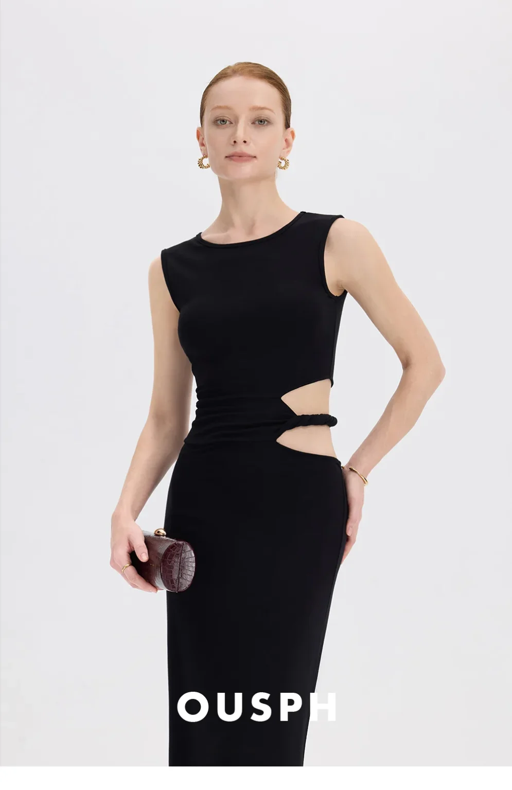 ousph black cutout maxi dress brand detail