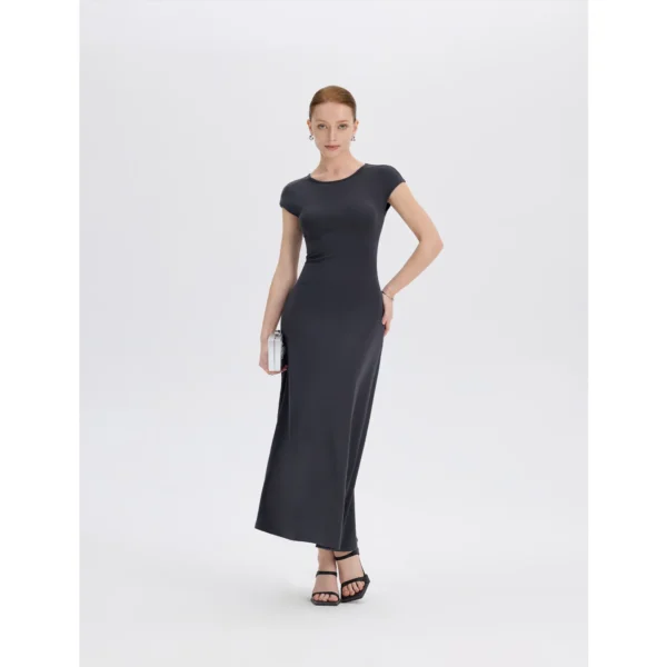 ousph Dark Grey Maxi Dress Front ousph dark grey cap sleeve crew neck waisted maxi dress front view
