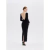 ousph Black Maxi Dress Back ousph black long sleeve boat neck backless ruched maxi dress back view