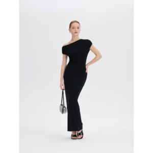 ousph black asymmetrical off-the-shoulder waisted maxi dress front view