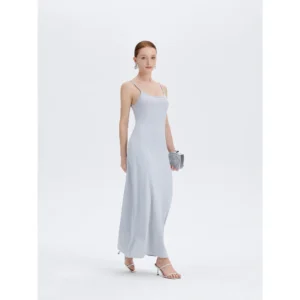 ousph powder blue spaghetti strap scoop neck waisted maxi dress front view