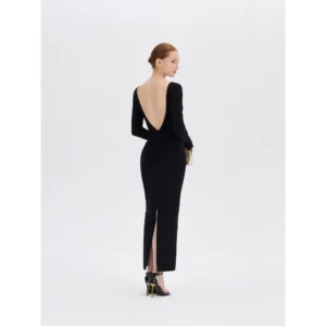 ousph black long sleeve boat neck backless ruched maxi dress back view