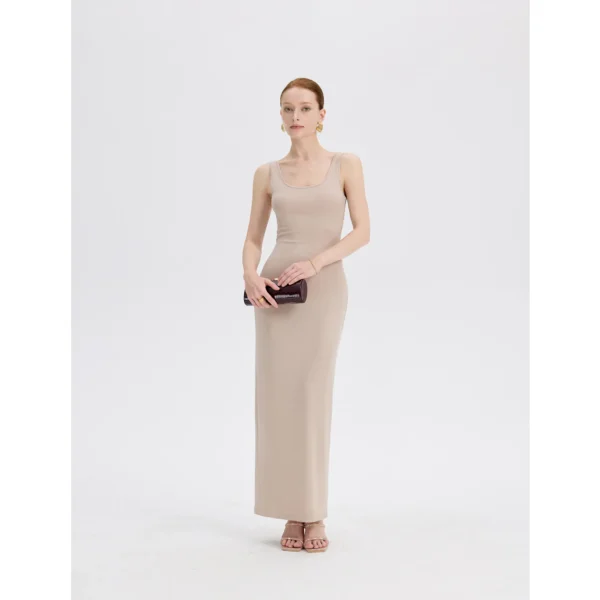 ousph nude u-neck sleeveless waisted maxi dress front view