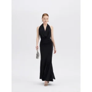 ousph black cowl neck halter waisted mermaid maxi dress front view