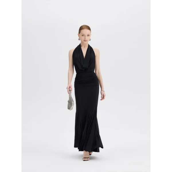 ousph black cowl neck halter waisted mermaid maxi dress front view