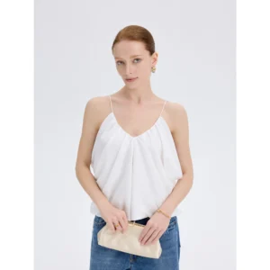 ousph white v-neck gathered spaghetti strap camisole top front view
