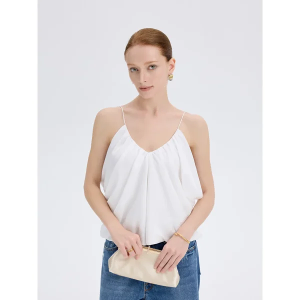 ousph White Camisole Top Front ousph white v-neck gathered spaghetti strap camisole top front view