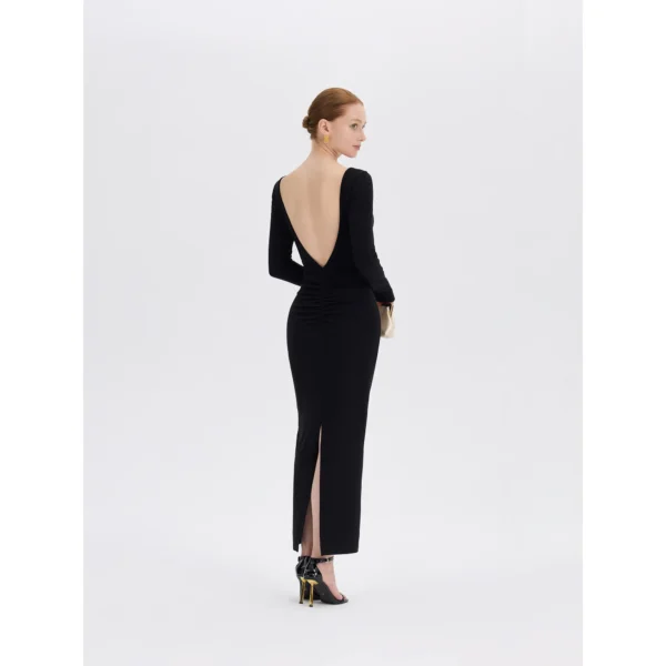 ousph Black Maxi Dress Back ousph black long sleeve boat neck backless ruched maxi dress back view