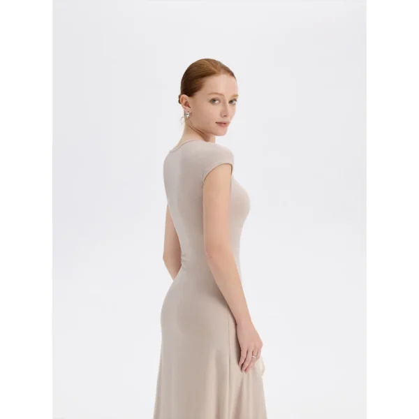 ousph Beige Maxi Dress Side Closeup ousph beige maxi dress side view detail