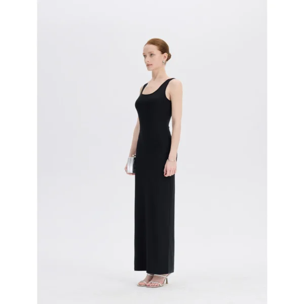 ousph black u-neck sleeveless waisted maxi dress side view