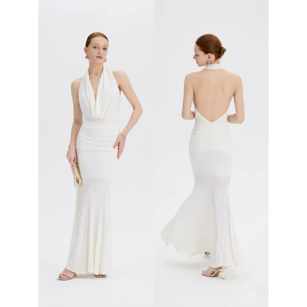 ousph white cowl neck halter mermaid maxi dress front and back view