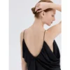 ousph Black Camisole Top Back Detail ousph black v-neck gathered spaghetti strap camisole top back view detail