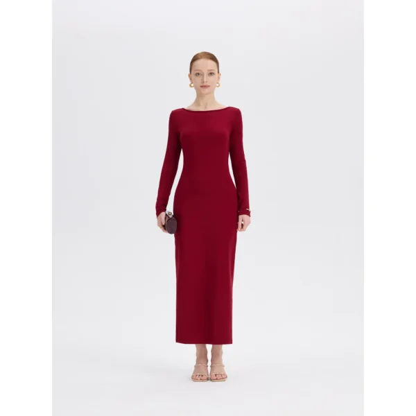 ousph Burgundy Maxi Dress Front ousph burgundy long sleeve boat neck maxi dress front view