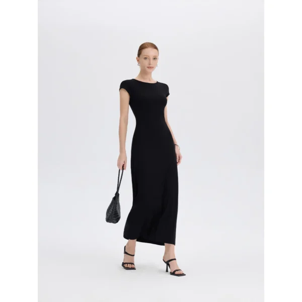 ousph Black Maxi Dress Front ousph black cap sleeve crew neck maxi dress front view