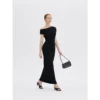 ousph Black Maxi Dress Walking ousph black asymmetrical off-the-shoulder maxi dress walking view
