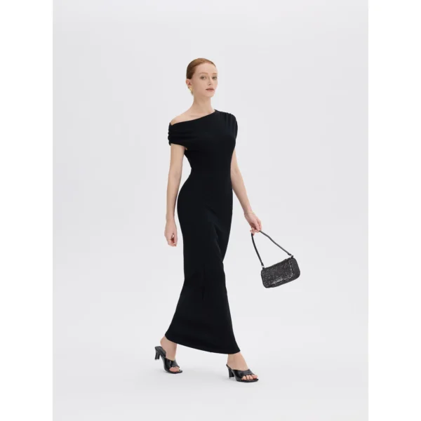 ousph Black Maxi Dress Walking ousph black asymmetrical off-the-shoulder maxi dress walking view