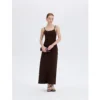 ousph Brown Maxi Dress Front ousph brown spaghetti strap scoop neck waisted maxi dress front view