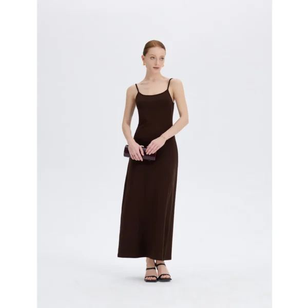 ousph Brown Maxi Dress Front ousph brown spaghetti strap scoop neck waisted maxi dress front view
