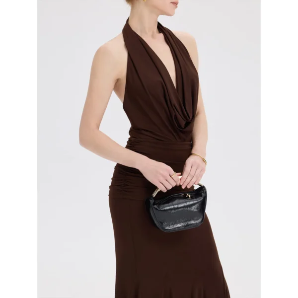 ousph dark brown cowl neck halter maxi dress side view detail