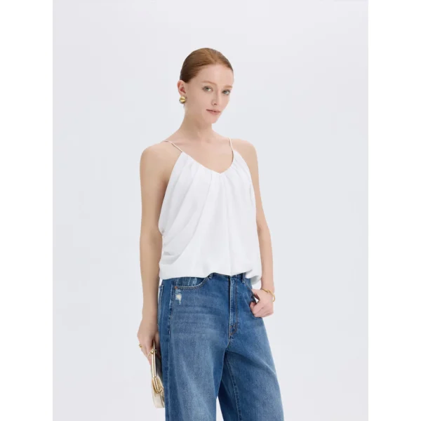 ousph White Camisole Top Side ousph white v-neck gathered spaghetti strap camisole top side view