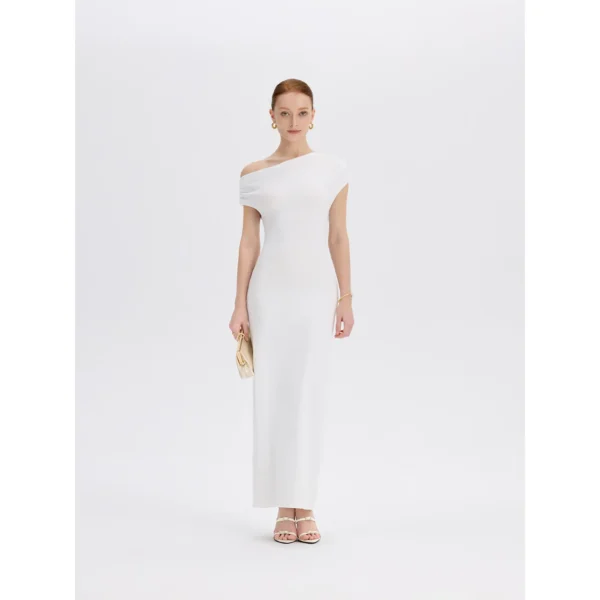 ousph White Maxi Dress Front ousph white asymmetrical off-the-shoulder waisted maxi dress front view