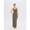 ousph dusty olive u-neck sleeveless waisted maxi dress front view