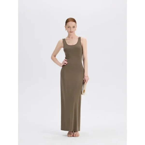 ousph dusty olive u-neck sleeveless waisted maxi dress front view