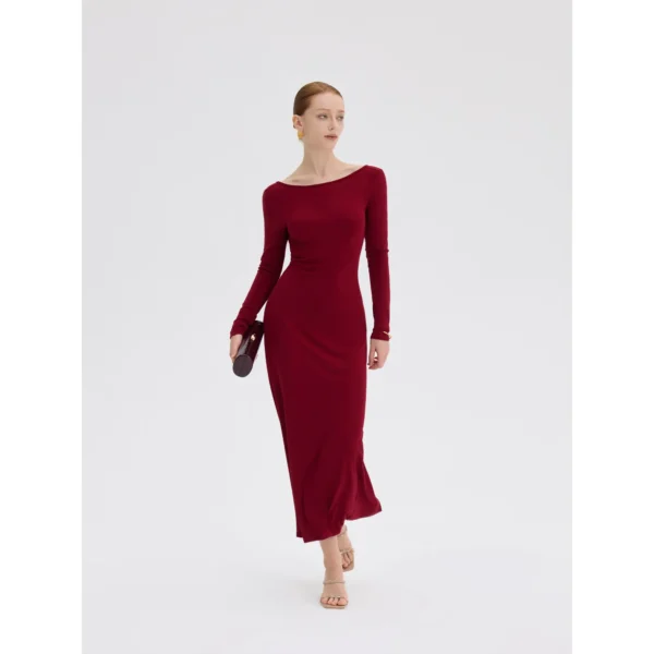 ousph Burgundy Maxi Dress Walking ousph burgundy maxi dress walking view