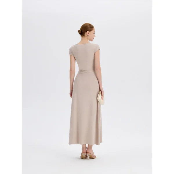 ousph Beige Maxi Dress Back ousph beige cap sleeve crew neck maxi dress back view