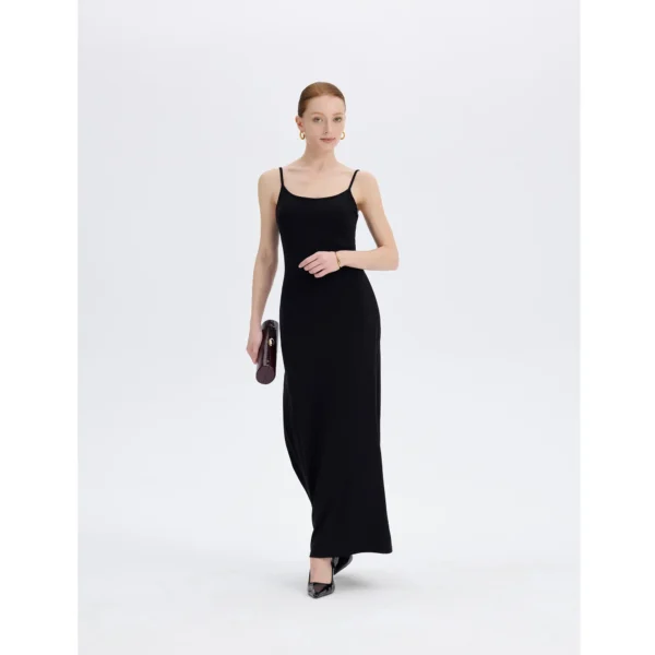 ousph Black Maxi Dress Walking ousph black spaghetti strap scoop neck maxi dress walking view