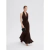 ousph dark brown cowl neck halter mermaid maxi dress walking view