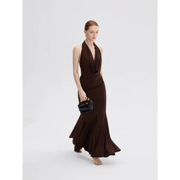 ousph dark brown cowl neck halter mermaid maxi dress walking view