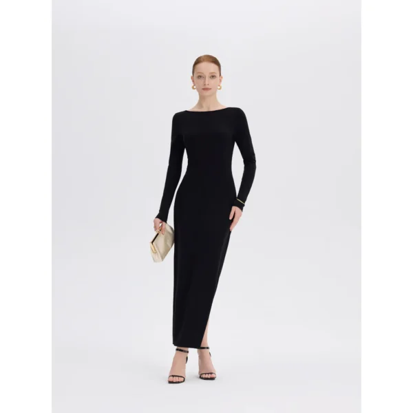 ousph Black Maxi Dress Front ousph black long sleeve boat neck maxi dress front view