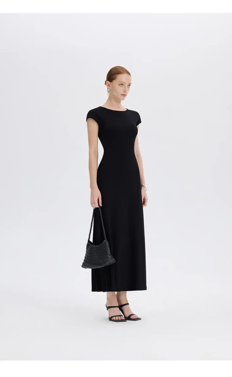 ousph black cap sleeve crew neck waisted maxi dress front view