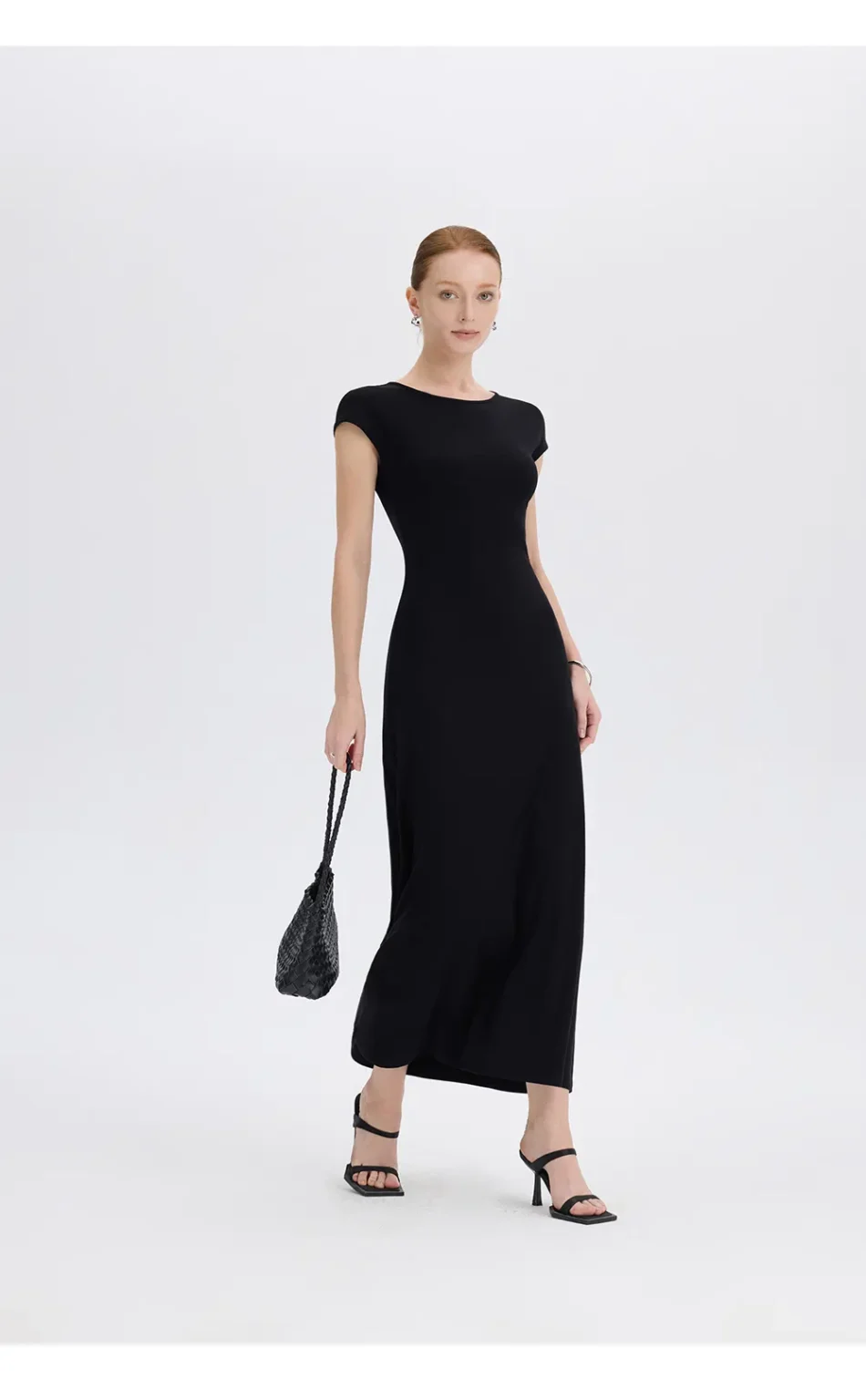 ousph black cap sleeve crew neck maxi dress side view