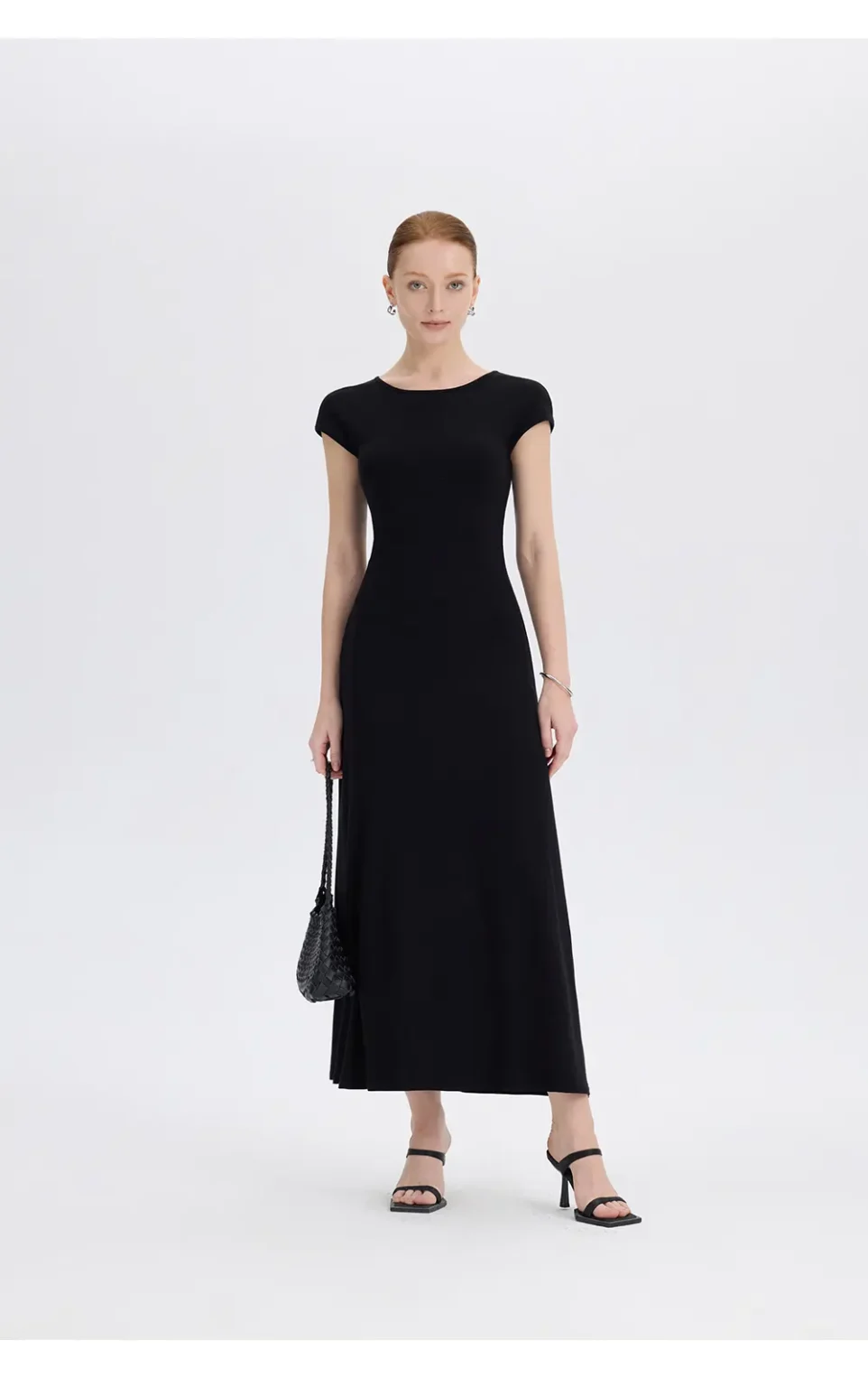 ousph black cap sleeve crew neck waisted maxi dress front view