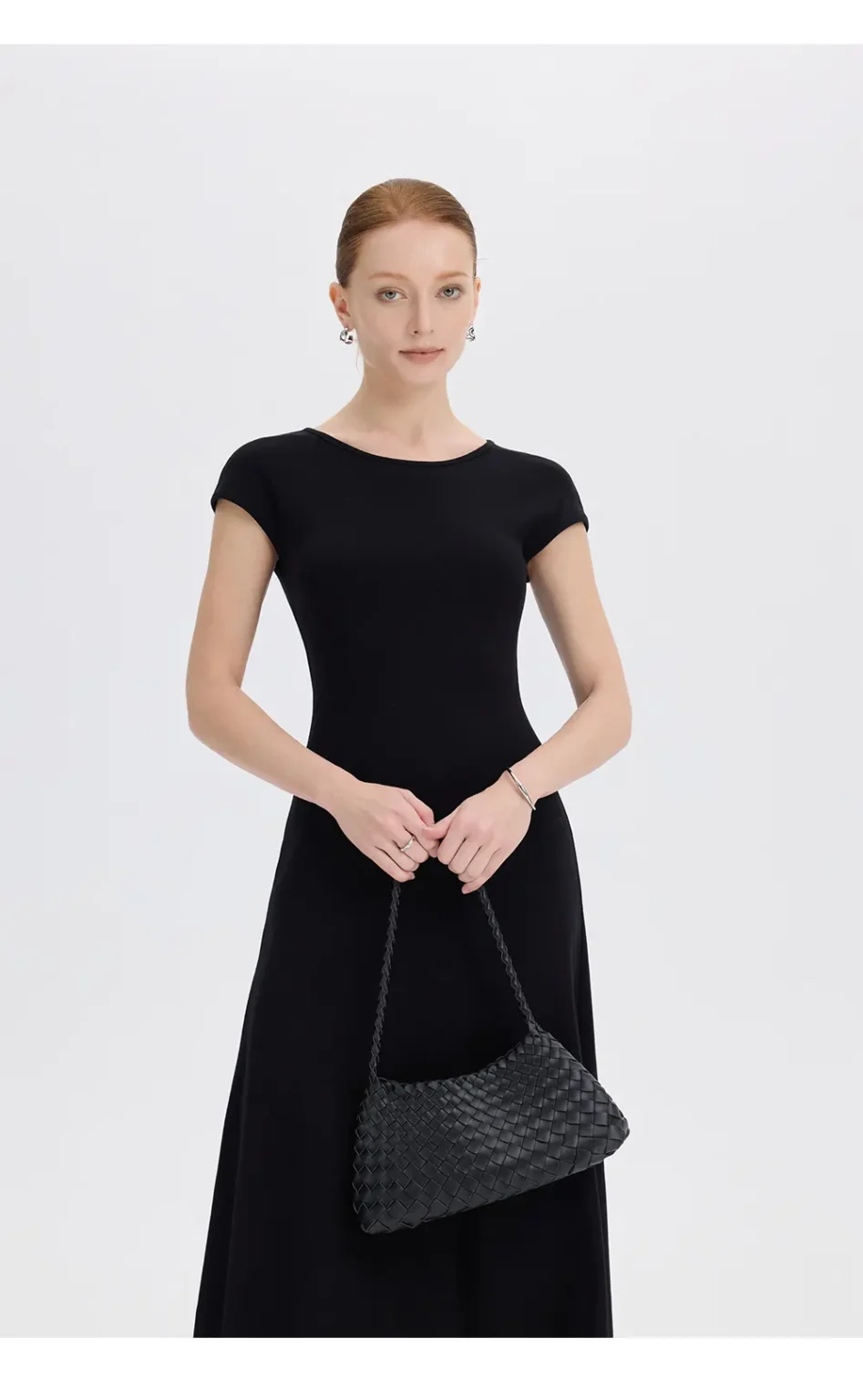 ousph black cap sleeve crew neck waisted maxi dress front view