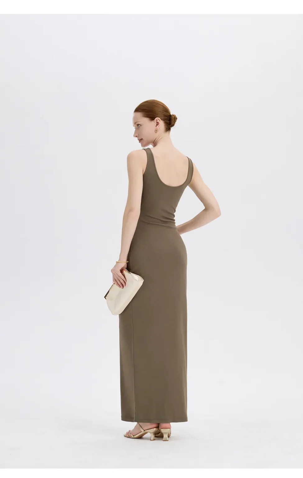 ousph dusty olive u-neck sleeveless maxi dress back view
