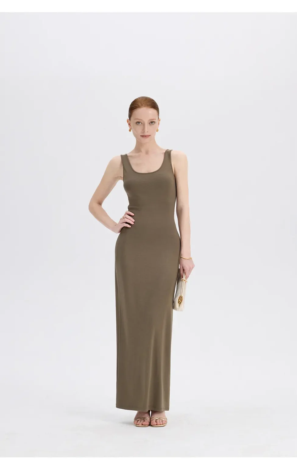 ousph dusty olive u-neck sleeveless maxi dress front view